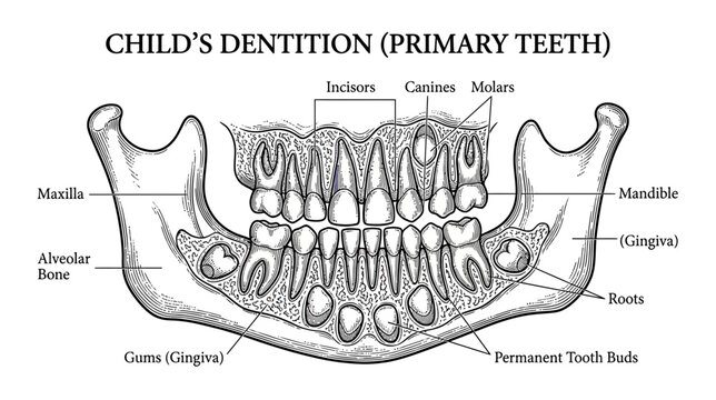 Child's Primary Teeth Dentition Anatomy Diagram