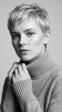 Elegant young woman with short blonde hair wearing a knitted turtleneck sweater in a soft studio portrait captured with a neutral grey background