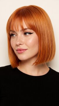 Close up portrait of a young woman with vibrant copper hair and soft freckles looking away against a neutral studio backdrop with natural lighting
