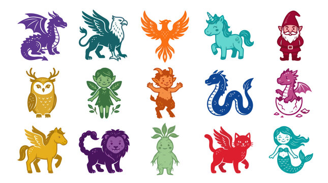 Collection of Flat Style Mythical Creatures and Fantasy Characters Vector Illustrations for Kids and Magic Themes
