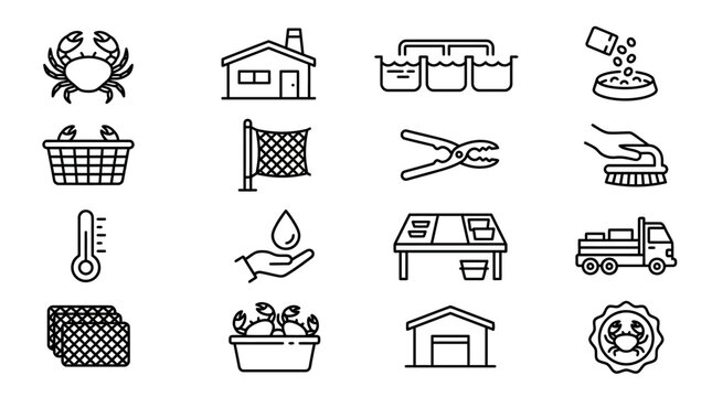 Crab Farming Icons: Aquaculture, Seafood Production, Harvesting, and Processing Line Art