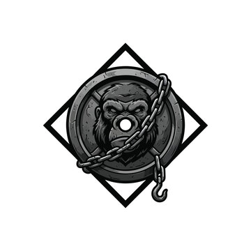 Detailed And Intense Gorilla Face Portrait Enclosed Within A Weight Plate, Accented With A Chain And Diamond Frame, Monochrome Style For A Bold And Powerful Effect, Vector Illustration
