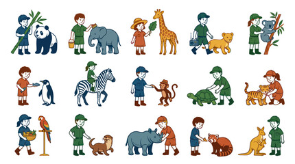 Obraz premium Children and Zookeepers Caring for Diverse Animals Flat Vector Illustration Set Wildlife Education Conservation
