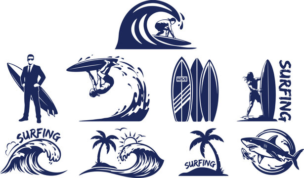 Vintage surfing emblems and badges collection with waves, surfboards, palm trees, and shark for beach lifestyle