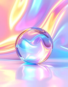 Iridescent glass sphere on colorful background.