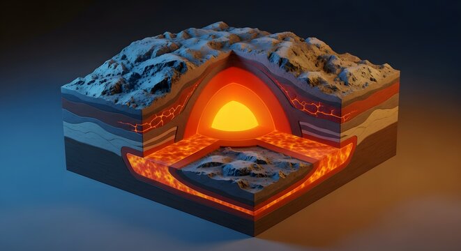 Cross section of a volcanic mountain showing magma chamber and geological layers.