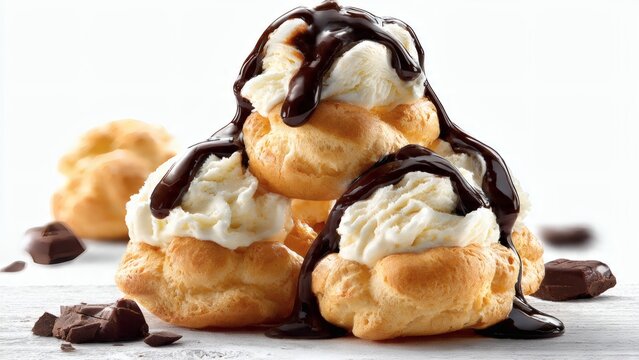 Cream puffs topped with rich dark chocolate sauce create an indulgent dessert presentation that is perfect for bakery advertisements and sweet treat promotional materials.