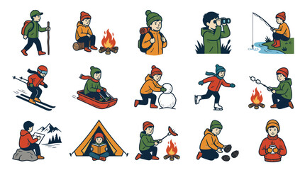 Fototapeta premium Winter Outdoor Activities for Kids: Children Enjoying Snow, Ice Skating, Camping, Fishing, Campfire, Hiking