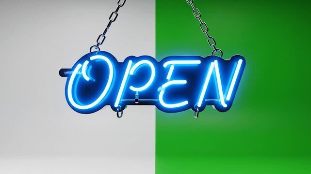 A blue neon open sign hangs against a split background