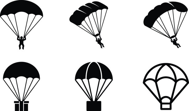 Parachute skydiver and cargo airdrop icon set featuring paragliding extreme sports silhouettes and outline delivery box graphics vector