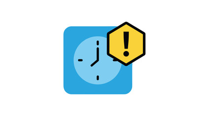 Fototapeta premium Blue clock icon with a yellow hexagonal warning sign showing an exclamation point to represent time limit or urgency.