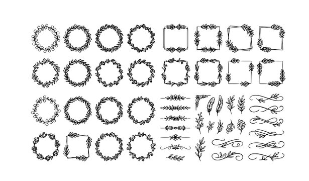 Botanical Wreath Frame Collection with Floral Borders Leaves and Calligraphic Flourishes