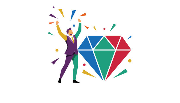 Businessman in a colorful suit celebrating a major financial success next to a giant sparkling diamond.