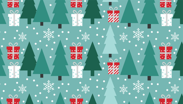 Seamless holiday pattern featuring snowy pine trees, red wrapped gifts, and delicate snowflakes on a teal background.