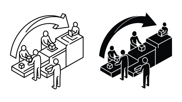 Production line manufacturing workflow and assembly process icons with assembly