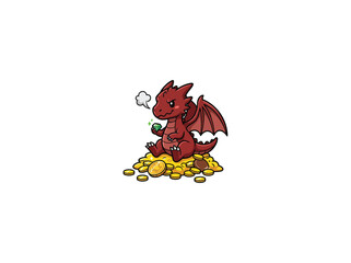 Adorable Dragon Like Wyvern Hatchling Resting On A Hoard Of Treasure With Gold Coins And Gems Depicted In A Playful Cartoon Style Vector Illustration © makyas