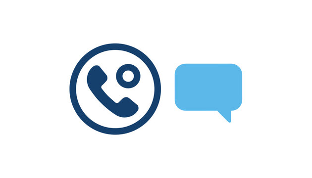 Blue telephone and chat bubble icon symbolizes customer service, communication, and digital contact support options.