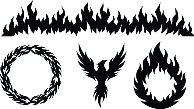 fire flame shapes phoenix bird silhouette circle borders vector graphic elements isolated on white background