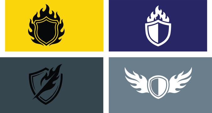 Guard protection emblem collection showing firewall shield and wings graphic symbols in diverse color variations vector illustration