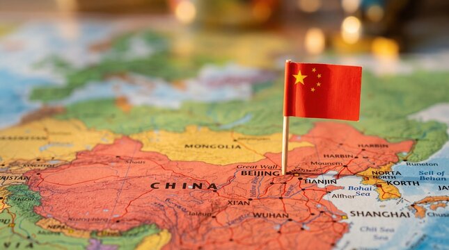 Chinese national flag pointer on world map. National Day of the Republic of China. Independence day. Chinese ecommerce, logistic, international trade. Trade war and China economic. Travel and tourism 