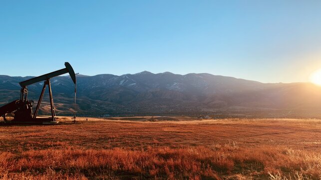 Oil pump jacks on a vast field against a mountain backdrop at sunset