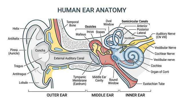 Human Ear Anatomy Diagram: Outer, Middle, and Inner Ear Sections