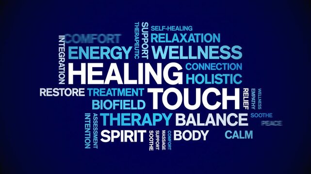 Healing Touch animated word cloud-text design animation tag kinetic typography seamless loop.