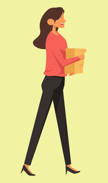 A flat vector illustration of a woman walking while holding a paper grocery bag, isolated on a pale yellow background. Ideal for shopping, errands, and lifestyle themed designs.
