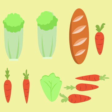 A flat vector illustration set featuring lettuce, baguette bread, and carrots in various positions and sizes, isolated on a pale yellow background. Perfect for grocery shopping, healthy eating, and fo