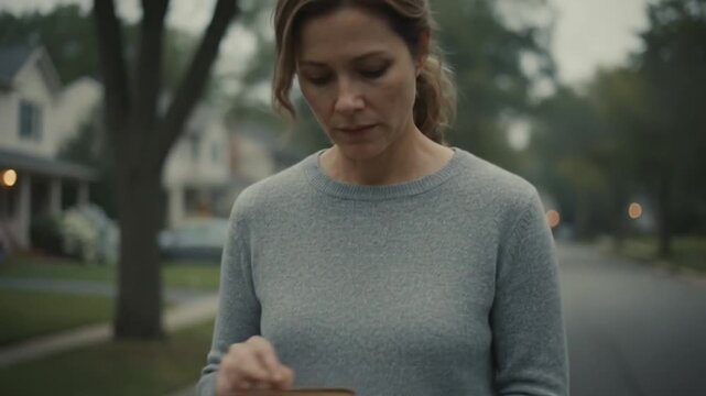 Woman stands on suburban street holding a book, surrounded by trees