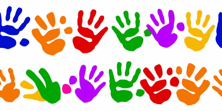 Colorful handprints pattern on a white background