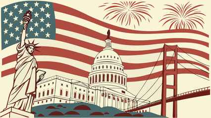 Detailed vector illustration showcasing famous american landmarks including the statue of liberty capitol building and golden gate bridge with fireworks © Asifa