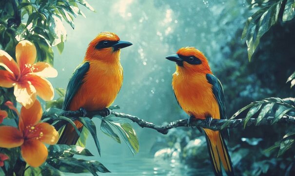 tropical birds painting, Generative AI