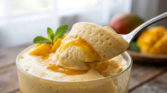 Creamy peach mousse dessert served in a glass bowl with a metal spoon and fresh mint leaves on top. Mango Mousse Recipe