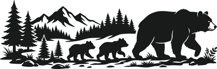  Bear Family Silhouette Walking Through Pine Forest Mountain Landscape Illustration © SREE NOMITA RANI 1