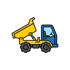 Naklejka premium A flat vector illustration of a blue and yellow dump truck with black outline driving on a road