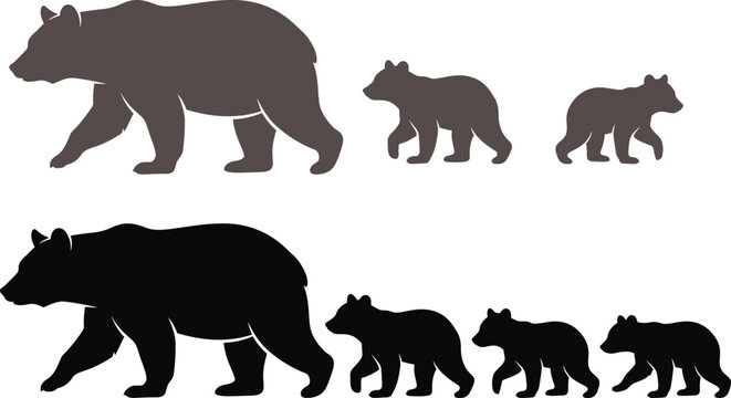  Bear Family Silhouettes with Mother Bear and Cubs Walking Vector Set