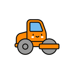 Naklejka premium A cute orange road roller with a smiley face is depicted in a flat vector style with a black outline.