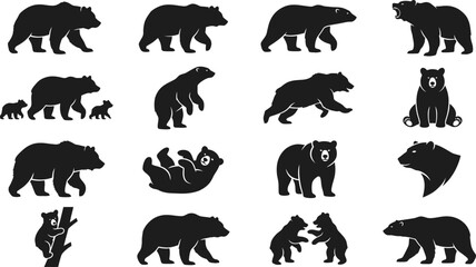  Bear Silhouette Collection with Walking Standing Sitting and Cub Poses Vector Set © SREE NOMITA RANI 1