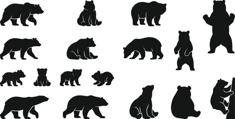  Bear Silhouette Collection with Walking Sitting Standing Climbing and Cub Poses Vector Set © SREE NOMITA RANI 1