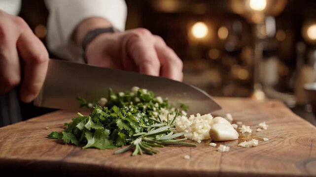 Chef hands chopping garlic and fresh herbs in cinematic kitchen close up