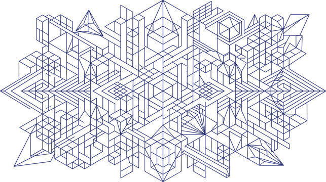 Abstract isometric geometric line art vector pattern with complex 3D wireframe cubes prisms architectural schematic design.eps
