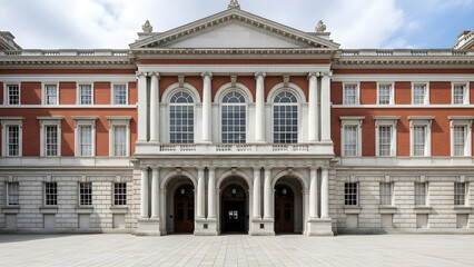 Obraz premium Elegant Facade of a Neoclassical Brick Building with Stone Columns and Grand Entrance Archways in a Historic Public Courtyard