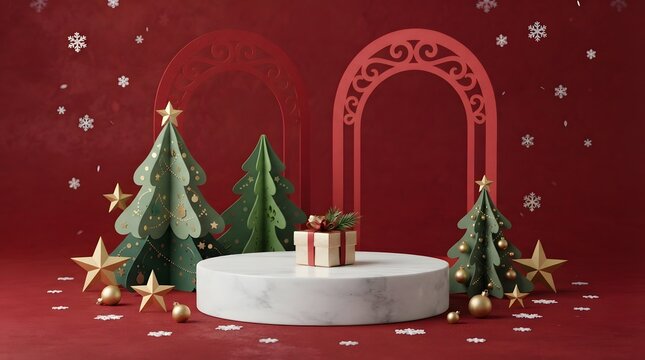 Festive christmas product display with trees and gift on marble platform red background