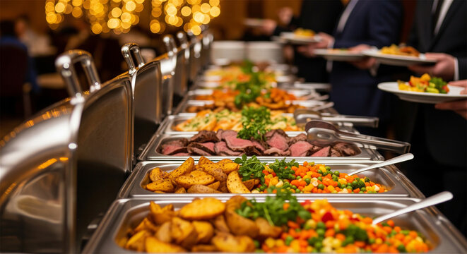 Gourmet catering buffet with stainless steel chafing dishes, elegant banquet food service, luxury dinner event with roasted meat and vegetables