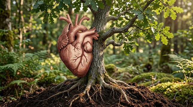 Heart-Shaped Tree Growing from Soil Symbolizing Health, Nature and Sustainable Life