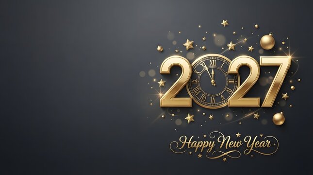 Golden new year 2027 celebration with clock and sparkling stars on dark background