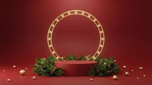 Golden ring illuminated platform with festive evergreen branches and ornaments on red background