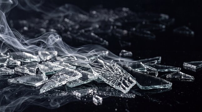 Broken Mirror Fragments with Rising Smoke Symbolizing Crisis and Damage
