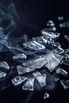 Broken Mirror Fragments with Rising Smoke Symbolizing Crisis and Damage